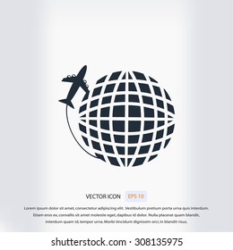 Globe and plane travel vector icon