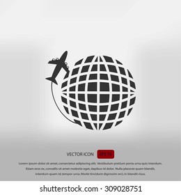 Globe and plane travel vector icon