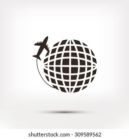 Globe and plane travel vector icon