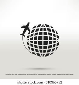 Globe and plane travel vector icon