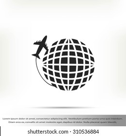 Globe and plane travel vector icon