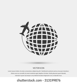Globe and plane travel vector icon