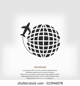 Globe and plane travel vector icon