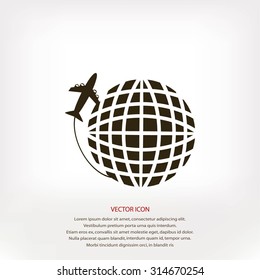 Globe and plane travel vector icon