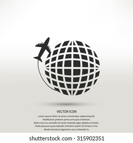 Globe and plane travel vector icon