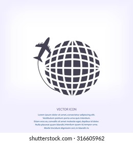 Globe and plane travel vector icon