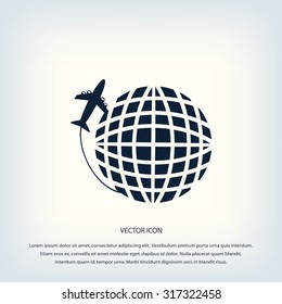 Globe and plane travel vector icon