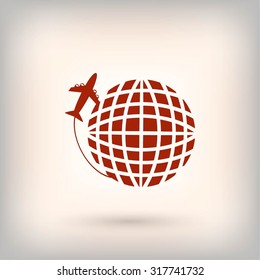 Globe and plane travel vector icon