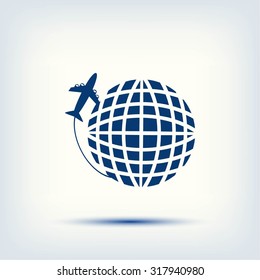 Globe and plane travel vector icon