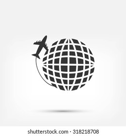 Globe and plane travel vector icon