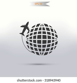 Globe and plane travel vector icon