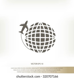 Globe and plane travel vector icon