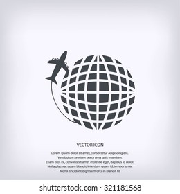 Globe and plane travel vector icon