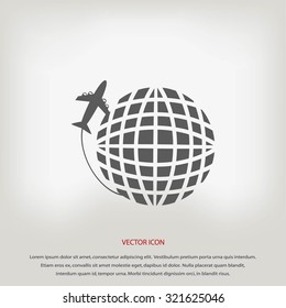 Globe and plane travel vector icon