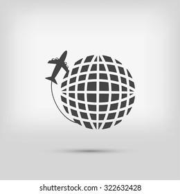 Globe and plane travel vector icon