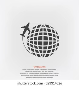 Globe and plane travel vector icon