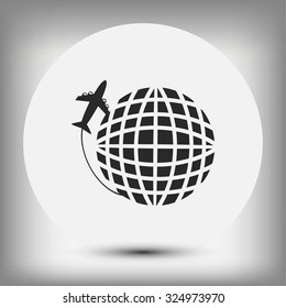 Globe and plane travel vector icon