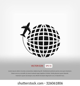Globe and plane travel vector icon