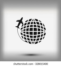 Globe and plane travel vector icon