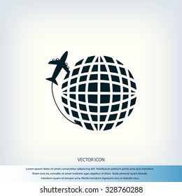Globe and plane travel vector icon
