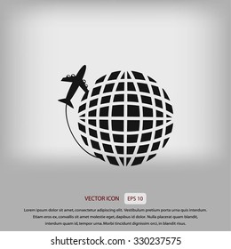 Globe and plane travel vector icon
