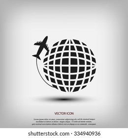 Globe and plane travel vector icon