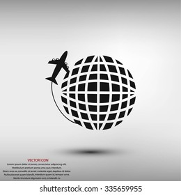 Globe and plane travel vector icon