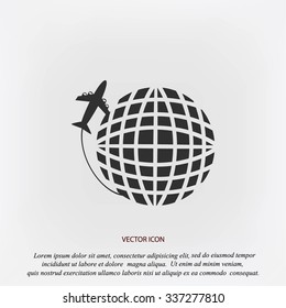 Globe and plane travel vector icon