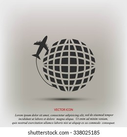 Globe and plane travel vector icon