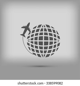 Globe and plane travel vector icon