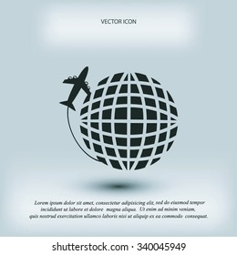 Globe and plane travel vector icon