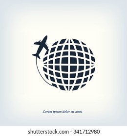 Globe and plane travel vector icon