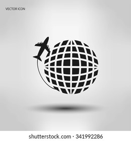 Globe and plane travel vector icon