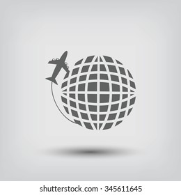 Globe and plane travel vector icon