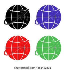 globe and plane travel vector icon - colored set