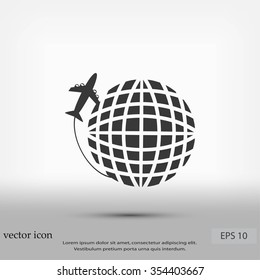 Globe and plane travel vector icon