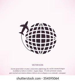 Globe and plane travel vector icon