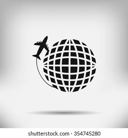 Globe and plane travel vector icon