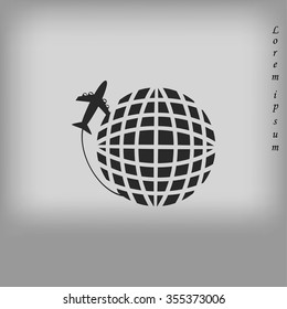 Globe and plane travel vector icon