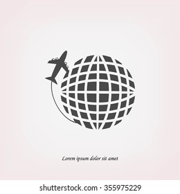Globe and plane travel vector icon