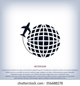 Globe and plane travel vector icon