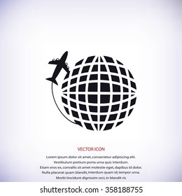Globe and plane travel vector icon