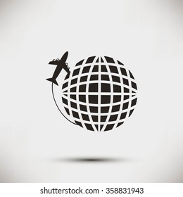 Globe and plane travel vector icon