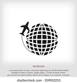 Globe and plane travel vector icon