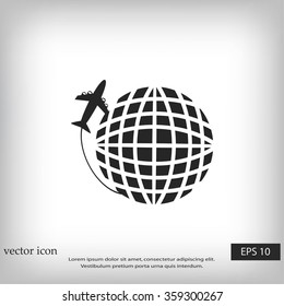 Globe and plane travel vector icon
