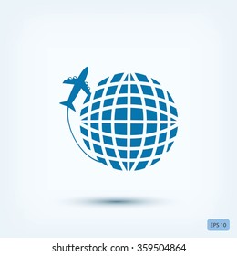 Globe and plane travel vector icon
