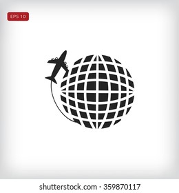 Globe and plane travel vector icon
