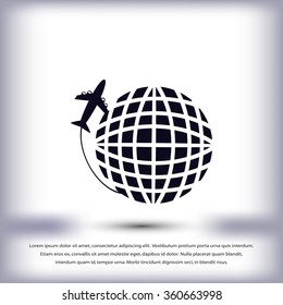 Globe and plane travel vector icon