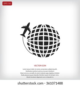 Globe and plane travel vector icon