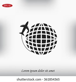 Globe and plane travel vector icon